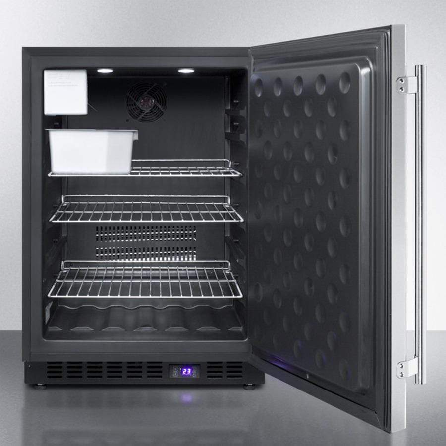Summit Refrigeration + Cooling Summit 24" Wide Frost-Free Outdoor All-Freezer for Built-In or Freestanding Use with Icemaker, Black Cabinet, SS Door, Digital Thermostat, LED Lighting, and Lock / SPFF51OSIM