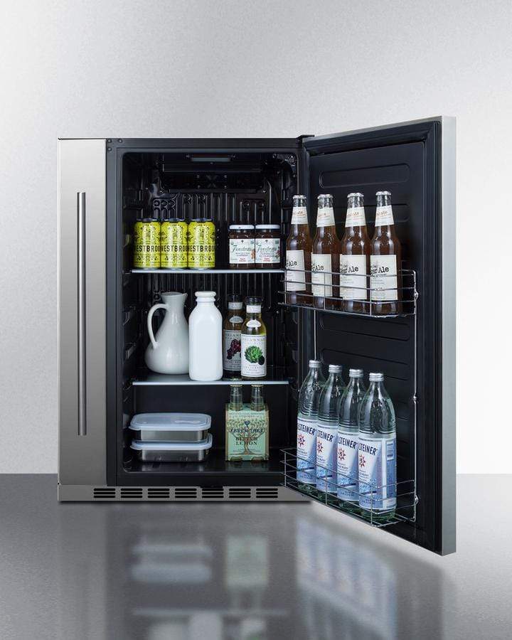Summit Refrigeration + Cooling Summit 24" Wide Outdoor All-Refrigerator for Built-In or Freestanding Use with a Shallow 17.25" Depth, Slide-Out Storage Compartment, Stainless Steel Exterior, Outdoor Cover, and Front Lock / SPR196OS24