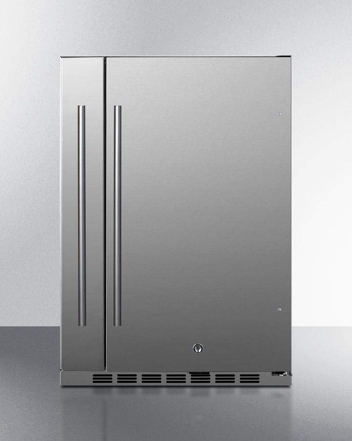 Summit Refrigeration + Cooling Summit 24" Wide Outdoor All-Refrigerator for Built-In or Freestanding Use with a Shallow 17.25" Depth, Slide-Out Storage Compartment, Stainless Steel Exterior, Outdoor Cover, and Front Lock / SPR196OS24