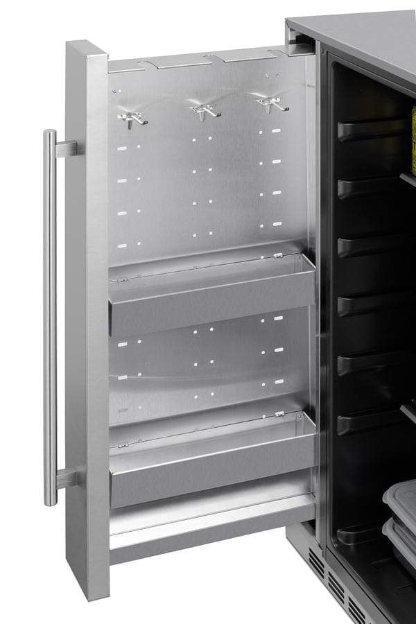 Summit Refrigeration + Cooling Summit 24" Wide Outdoor All-Refrigerator for Built-In or Freestanding Use with a Shallow 17.25" Depth, Slide-Out Storage Compartment, Stainless Steel Exterior, Outdoor Cover, and Front Lock / SPR196OS24