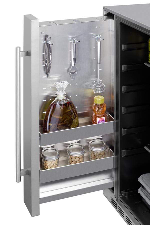 Summit Refrigeration + Cooling Summit 24" Wide Outdoor All-Refrigerator for Built-In or Freestanding Use with a Shallow 17.25" Depth, Slide-Out Storage Compartment, Stainless Steel Exterior, Outdoor Cover, and Front Lock / SPR196OS24