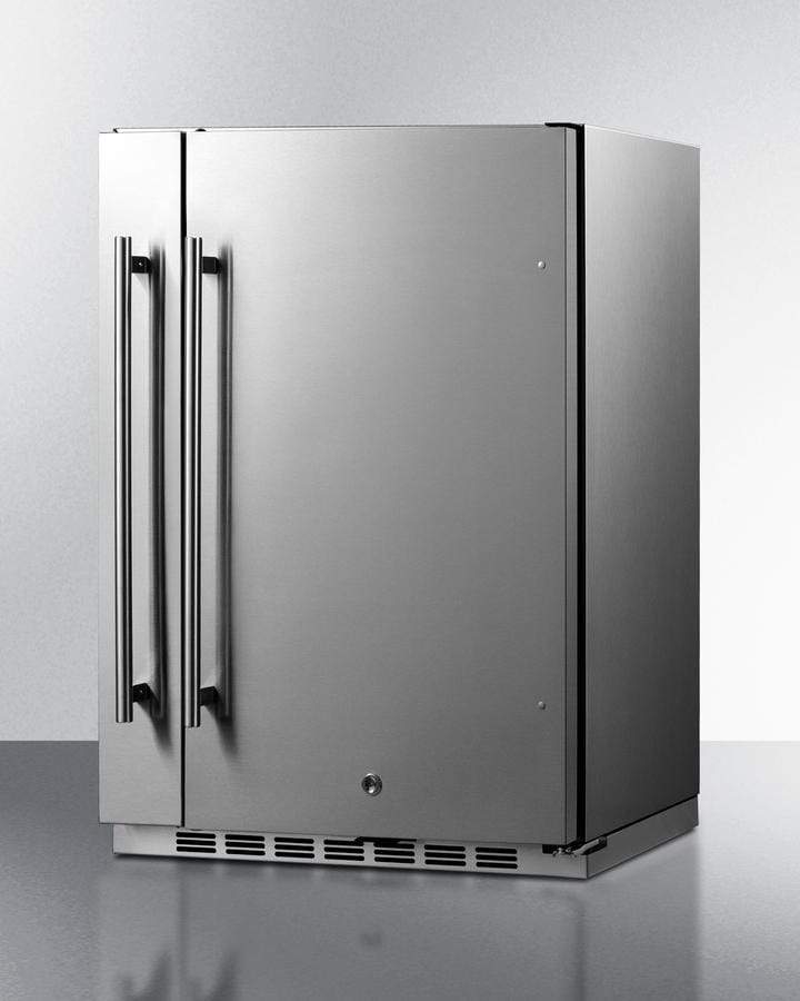 Summit Refrigeration + Cooling Summit 24" Wide Outdoor All-Refrigerator for Built-In or Freestanding Use with a Shallow 17.25" Depth, Slide-Out Storage Compartment, Stainless Steel Exterior, Outdoor Cover, and Front Lock / SPR196OS24