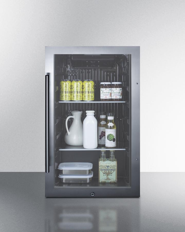 Summit Refrigeration + Cooling Summit ADA Compliant Commercially Approved Outdoor Beverage Cooler for Built-In or Freestanding Use with a Shallow 17&quot; Depth, Seamless Stainless Steel Door Trim, Black Interior, Glass Door, Front of Unit Lock, and Dial Thermostat / SPR488BOSADA
