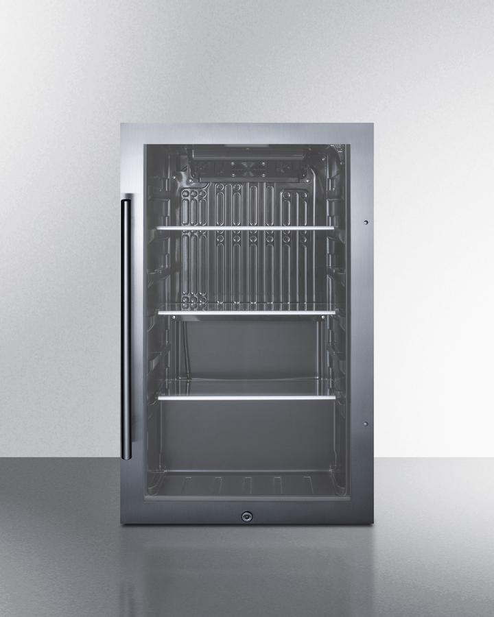 Summit Refrigeration + Cooling Summit ADA Compliant Commercially Approved Outdoor Beverage Cooler for Built-In or Freestanding Use with a Shallow 17" Depth, Seamless Stainless Steel Door Trim, Black Interior, Glass Door, Front of Unit Lock, and Dial Thermostat / SPR488BOSADA
