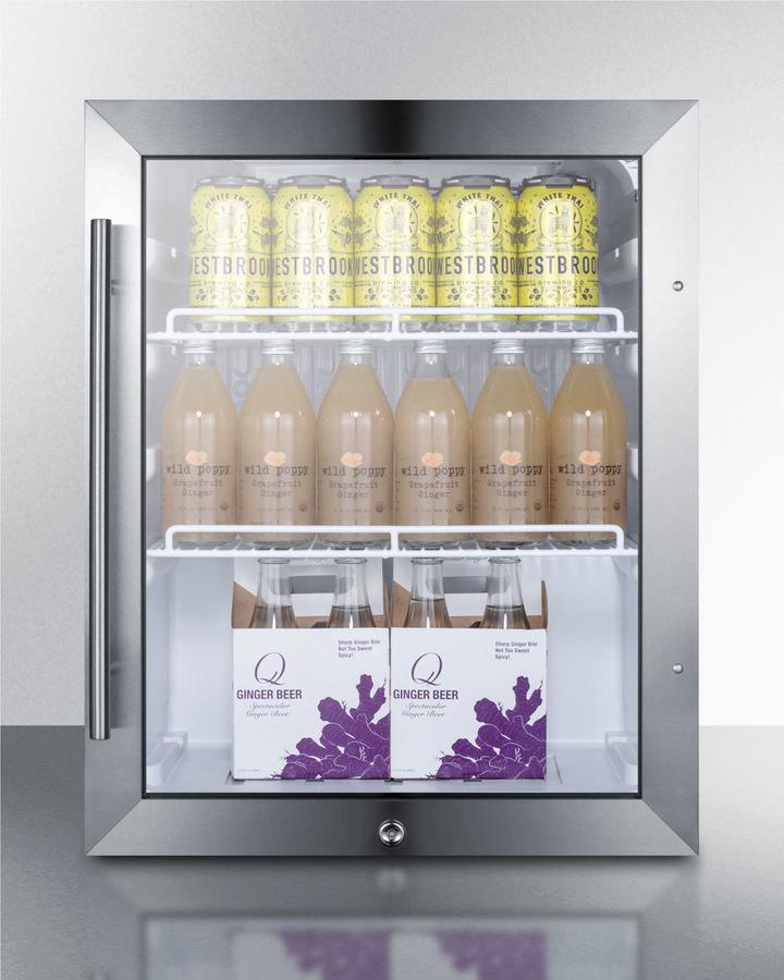 Summit Refrigeration + Cooling Summit Commercially Approved Compact Outdoor Countertop Beverage Cooler Designed for the Display and Refrigeration of Beverages or Sealed Food, with Reversible Stainless Steel Trimmed Glass Door, Black Cabinet, and Front Lock / SPR314LOS