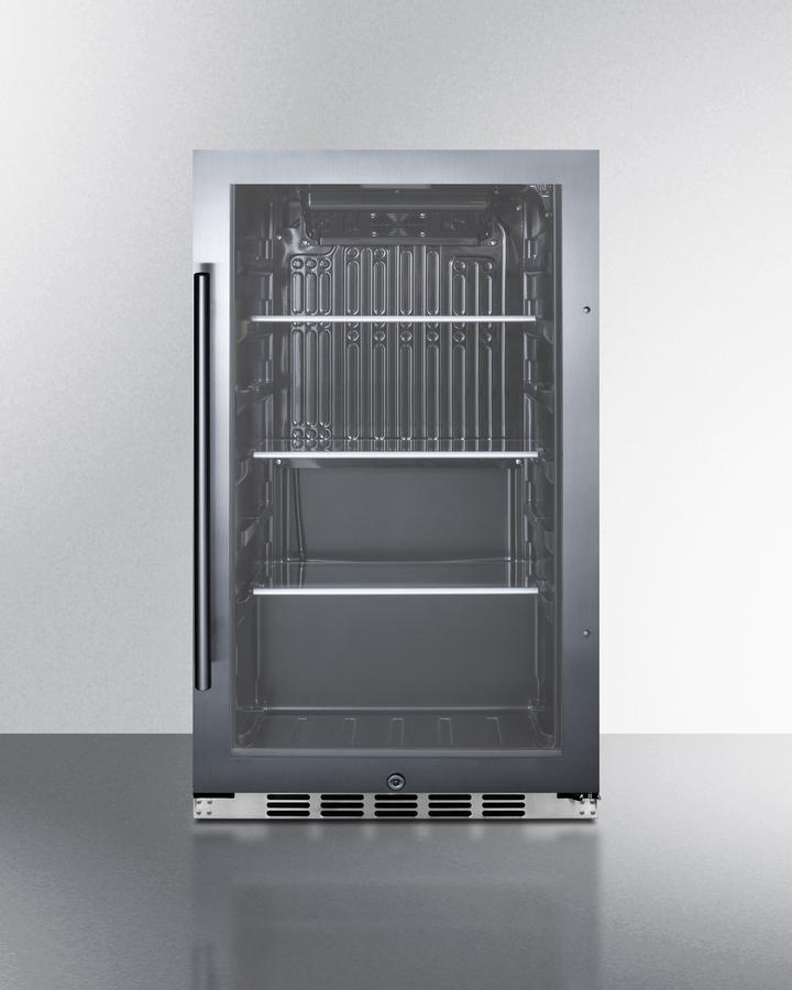 Summit Refrigeration + Cooling Summit Commercially Approved Indoor/Outdoor Beverage Cooler for Built-In or Freestanding Use with a Shallow 17.75&quot; Depth, Seamless Stainless Steel Trimmed Glass Door, Black Interior, and Stainless Steel Wrapped Cabinet / SPR488BOSH34CSS