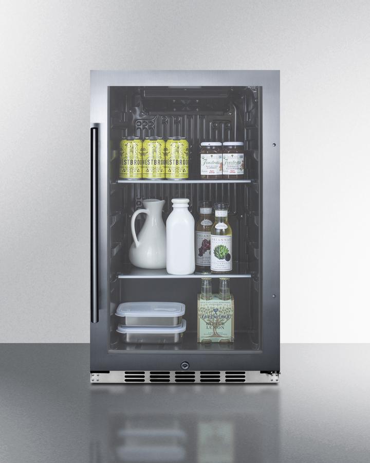 Summit Refrigeration + Cooling Summit Commercially Approved Indoor/Outdoor Beverage Cooler for Built-In or Freestanding Use with a Shallow 17.75" Depth, Seamless Stainless Steel Trimmed Glass Door, Black Interior, and Stainless Steel Wrapped Cabinet / SPR488BOSH34CSS