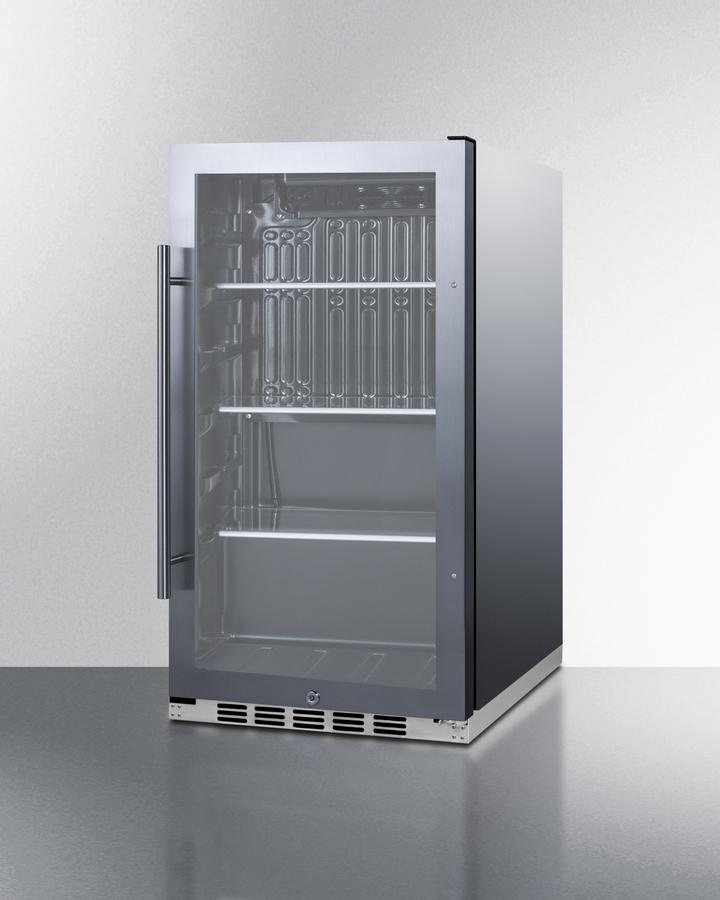 Summit Refrigeration + Cooling Summit Commercially Approved Indoor/Outdoor Beverage Cooler for Built-In or Freestanding Use with a Shallow 17.75" Depth, Seamless Stainless Steel Trimmed Glass Door, Black Interior, and Stainless Steel Wrapped Cabinet / SPR488BOSH34CSS