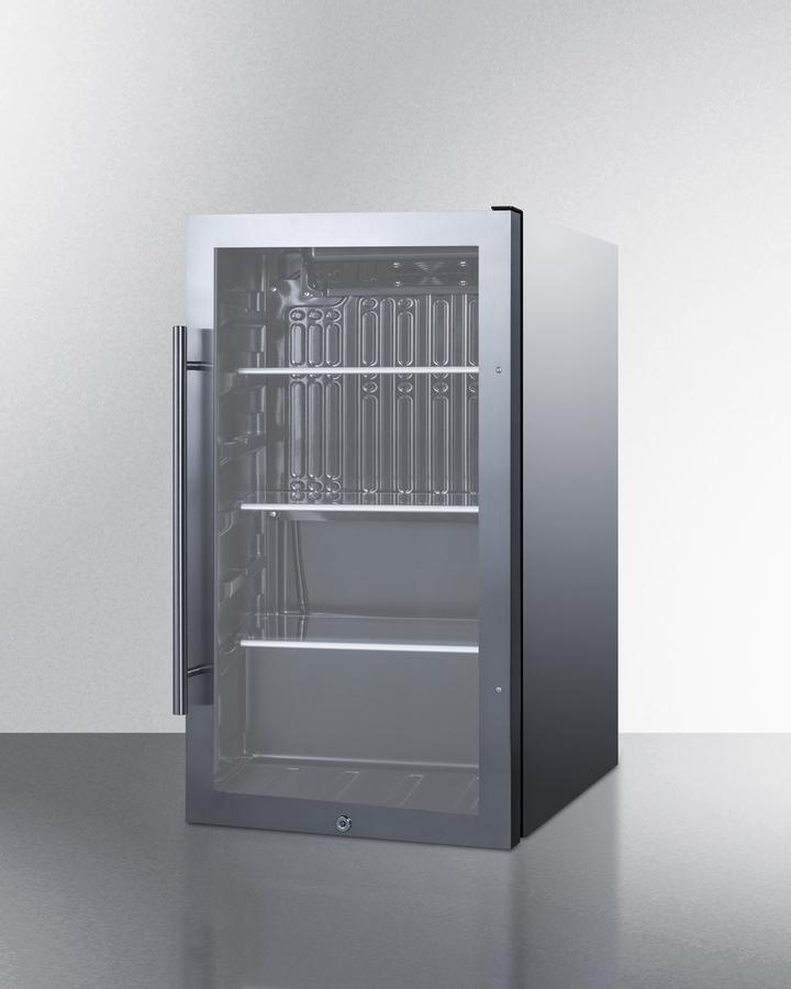 Summit Refrigeration + Cooling Summit Commercially Approved Outdoor Beverage Cooler for Built-In or Freestanding Use with a Shallow 17" Depth, Stainless Steel Cabinet, Seamless Stainless Steel Door Trim, Glass Door, Black Interior, Front of Unit Lock, and Dial Thermostat / SPR488BOSCSS