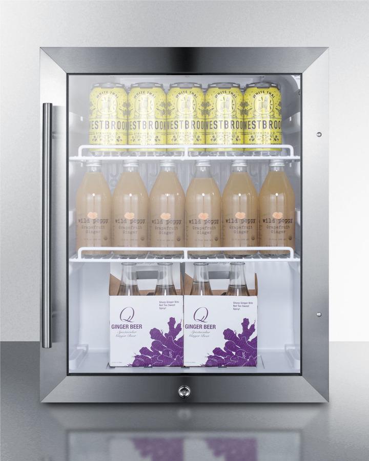 Summit Refrigeration + Cooling Summit Commercially Approved Outdoor Countertop Beverage Cooler Designed for the Display and Refrigeration of Beverages or Sealed Food, with Reversible Stainless Steel Trimmed Glass Door, Stainless Steel Wrapped Cabinet, and Front Lock / SPR314LOSCSS