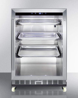 Summit Refrigeration + Cooling Summit Outdoor Mini Reach-In Commercial Glass Door Beverage Center for with a Stainless Steel Interior and Exterior Cabinet, Sheet Pans and Adjustable Tray Supports, Chrome Shelves, Front Lock, and Removable Dolly / SCR611GLOSRI