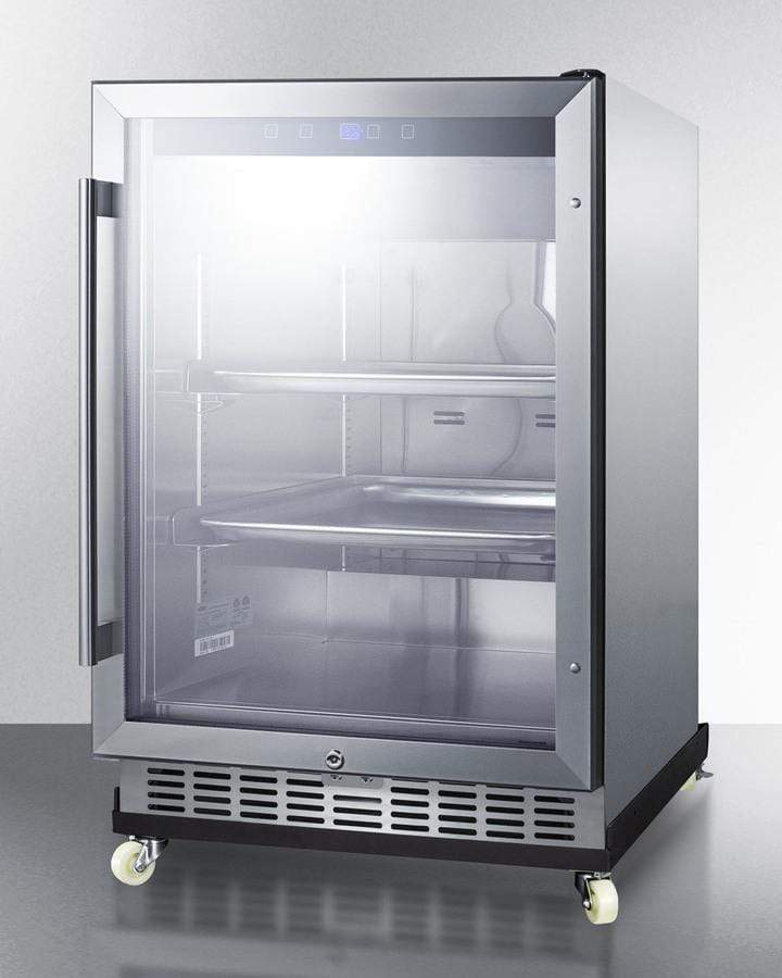 Summit Refrigeration + Cooling Summit Outdoor Mini Reach-In Commercial Glass Door Beverage Center for with a Stainless Steel Interior and Exterior Cabinet, Sheet Pans and Adjustable Tray Supports, Chrome Shelves, Front Lock, and Removable Dolly / SCR611GLOSRI