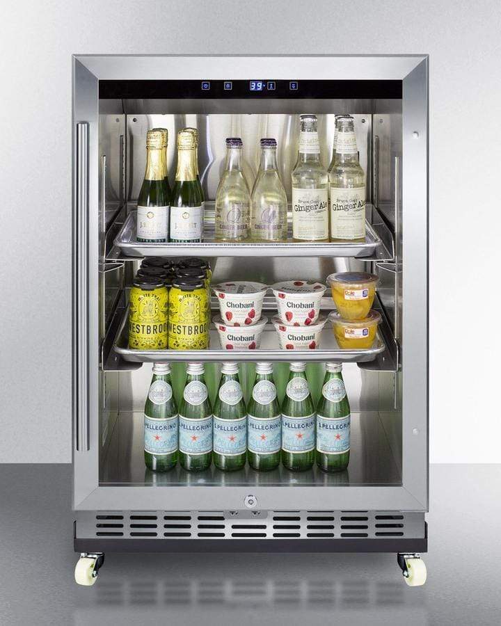 Summit Refrigeration + Cooling Summit Outdoor Mini Reach-In Commercial Glass Door Beverage Center for with a Stainless Steel Interior and Exterior Cabinet, Sheet Pans and Adjustable Tray Supports, Chrome Shelves, Front Lock, and Removable Dolly / SCR611GLOSRI