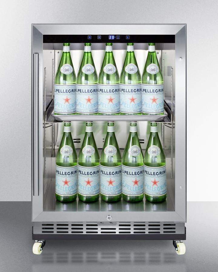 Summit Refrigeration + Cooling Summit Outdoor Mini Reach-In Commercial Glass Door Beverage Center for with a Stainless Steel Interior and Exterior Cabinet, Sheet Pans and Adjustable Tray Supports, Chrome Shelves, Front Lock, and Removable Dolly / SCR611GLOSRI