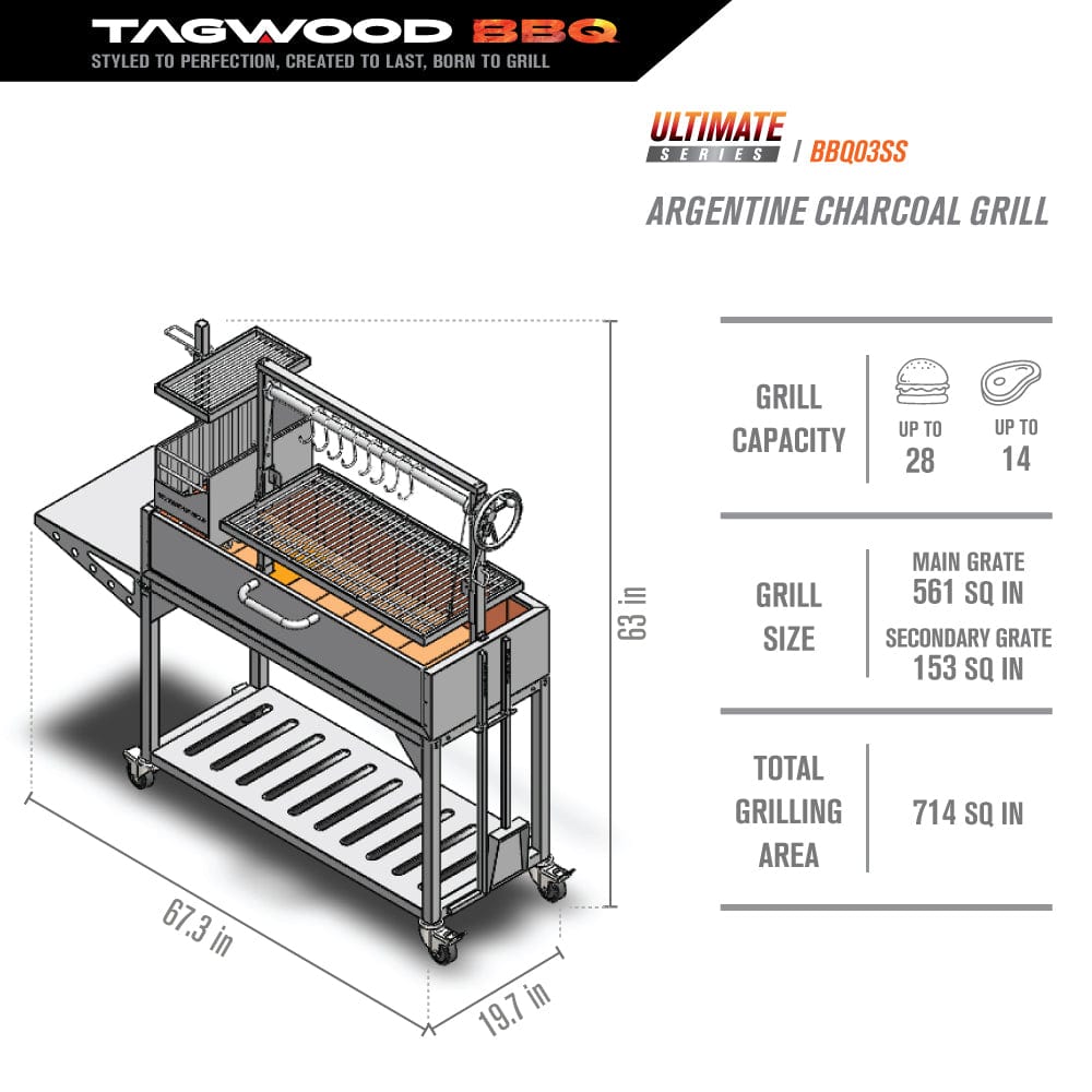 Tagwood Grills Tagwood BBQ Ultimate Series Argentine Santa Maria Wood Fire &amp; Charcoal Freestanding Grill | 714 sq. in. of total grilling area | BBQ03SS