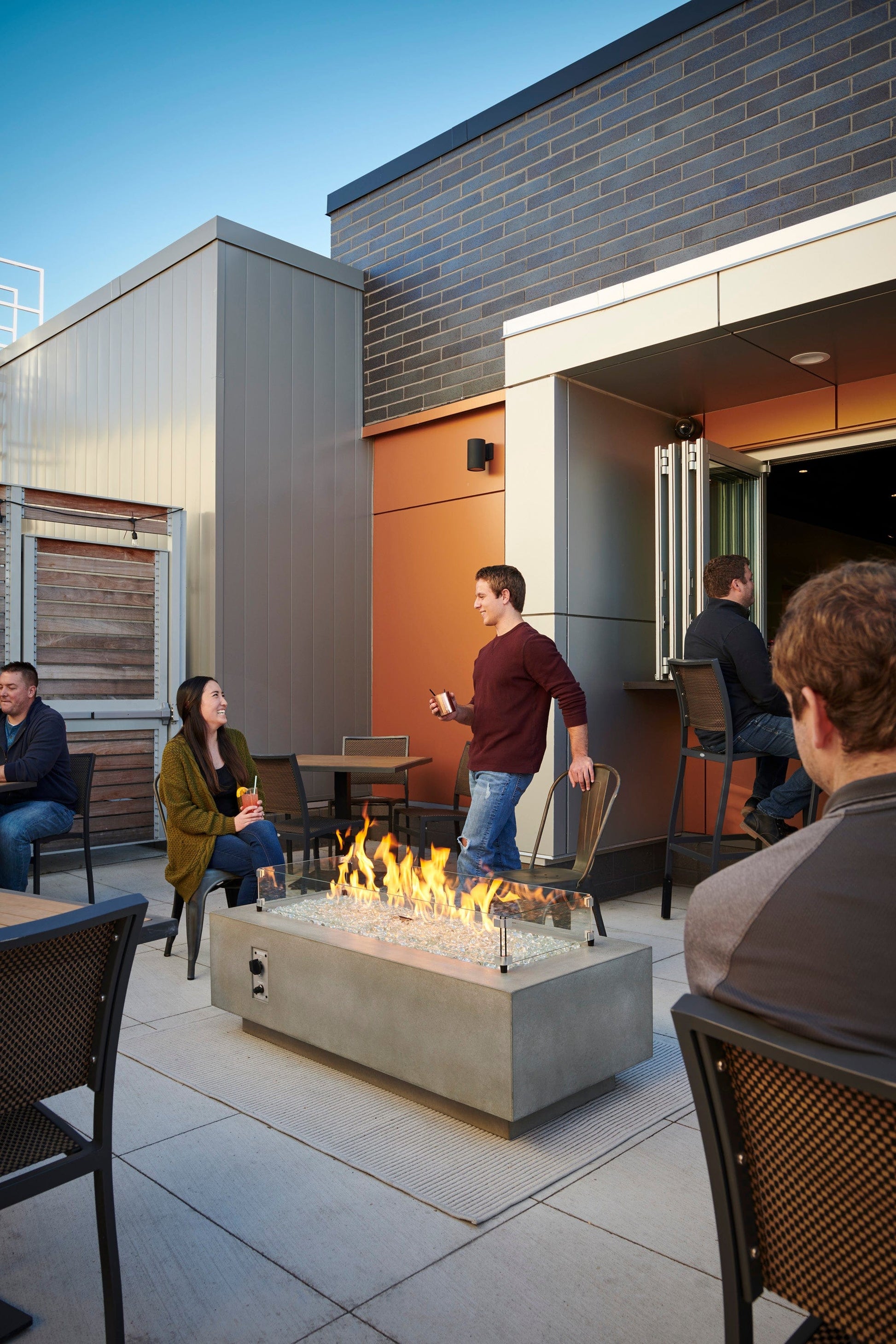 The Outdoor Great Room Fire Features The Outdoor GreatRoom Natural Grey, White, or Midnight Mist Supercast Cove 54" Linear Gas Fire Pit Table / CV-54, CV-54MM, CV-54WT