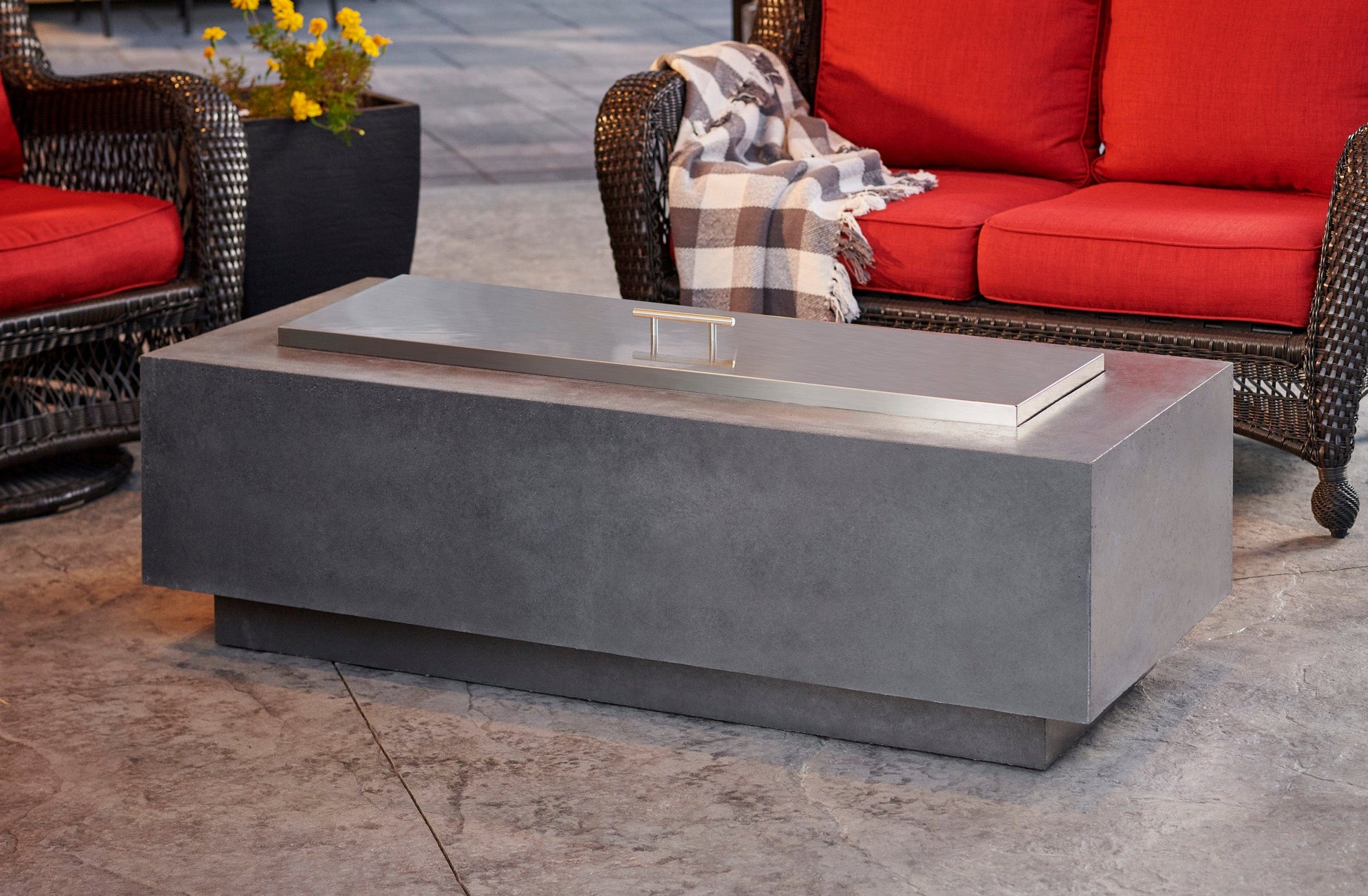 The Outdoor Great Room Fire Features The Outdoor GreatRoom Natural Grey, White, or Midnight Mist Supercast Cove 54" Linear Gas Fire Pit Table / CV-54, CV-54MM, CV-54WT