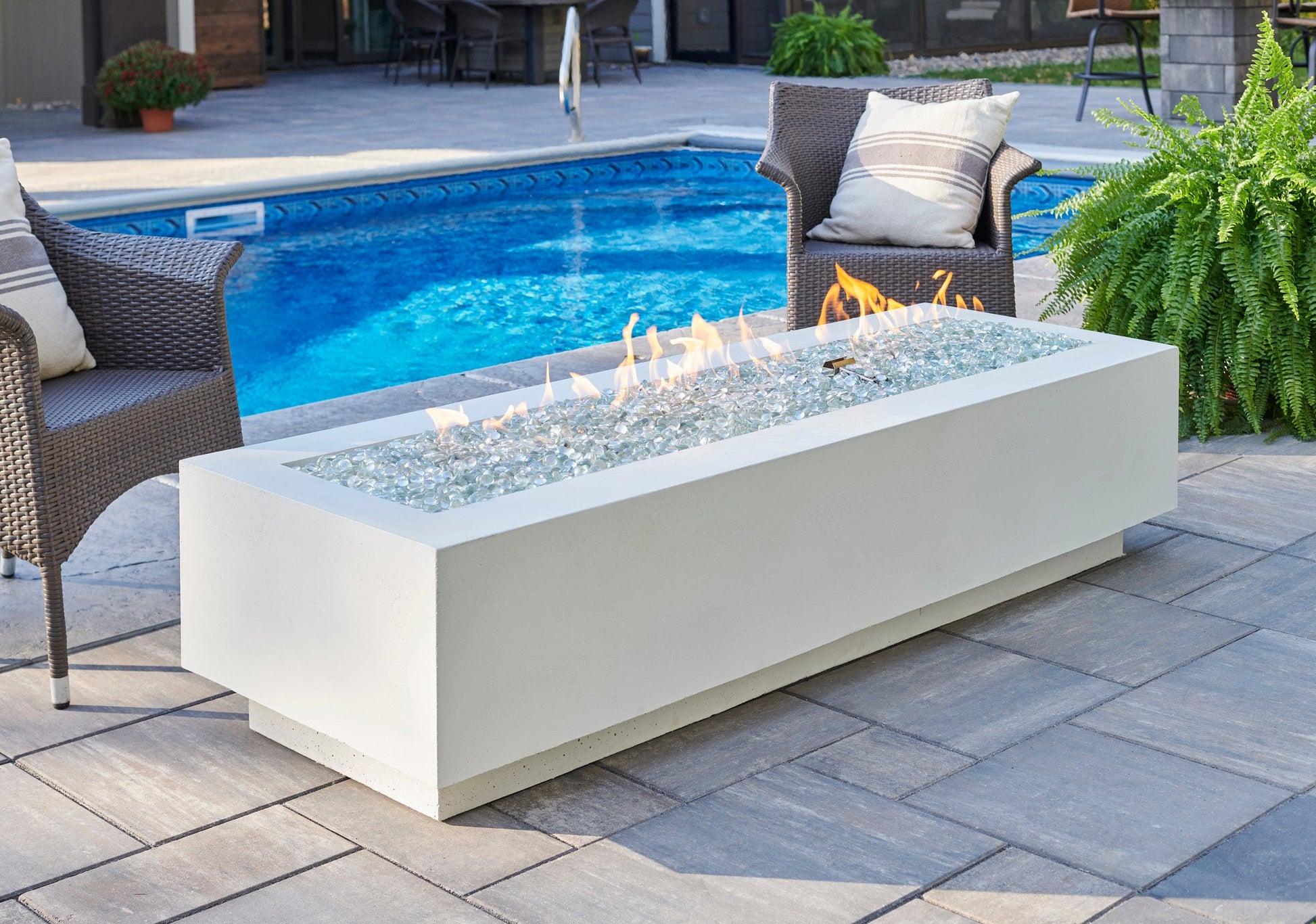 The Outdoor Great Room Fire Features The Outdoor GreatRoom Natural Grey, White, or Midnight Mist Supercast Cove 72" Linear Gas Fire Pit Table / CV-72, CV-72MM, CV-72WT