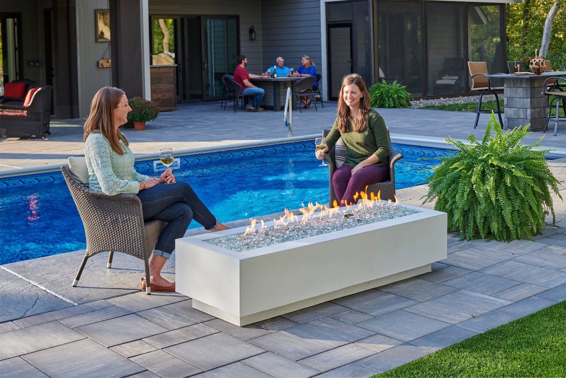 The Outdoor Great Room Fire Features The Outdoor GreatRoom Natural Grey, White, or Midnight Mist Supercast Cove 72" Linear Gas Fire Pit Table / CV-72, CV-72MM, CV-72WT