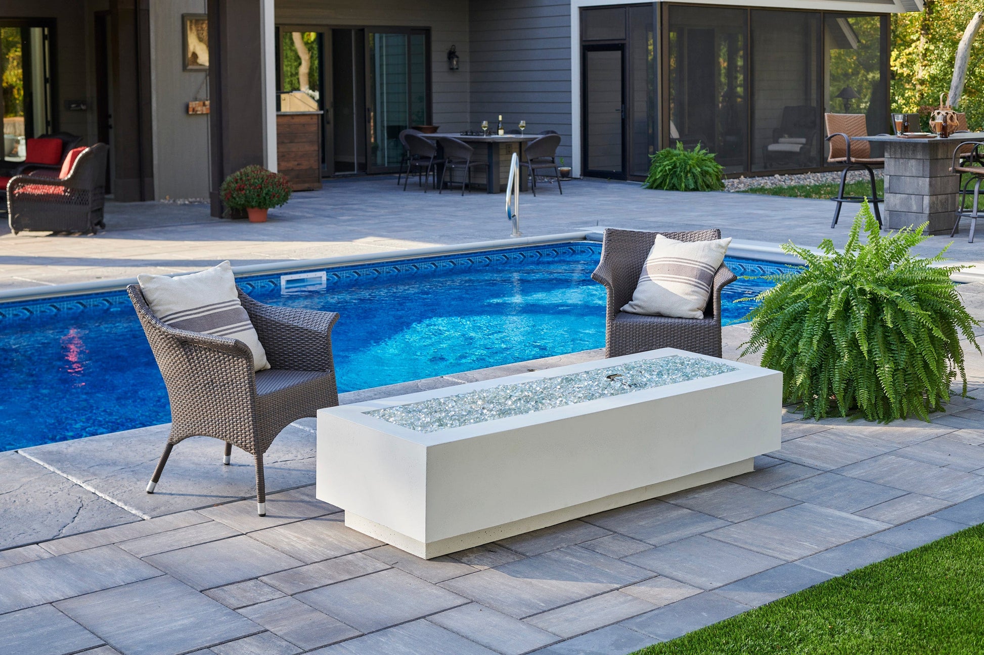 The Outdoor Great Room Fire Features The Outdoor GreatRoom Natural Grey, White, or Midnight Mist Supercast Cove 72" Linear Gas Fire Pit Table / CV-72, CV-72MM, CV-72WT