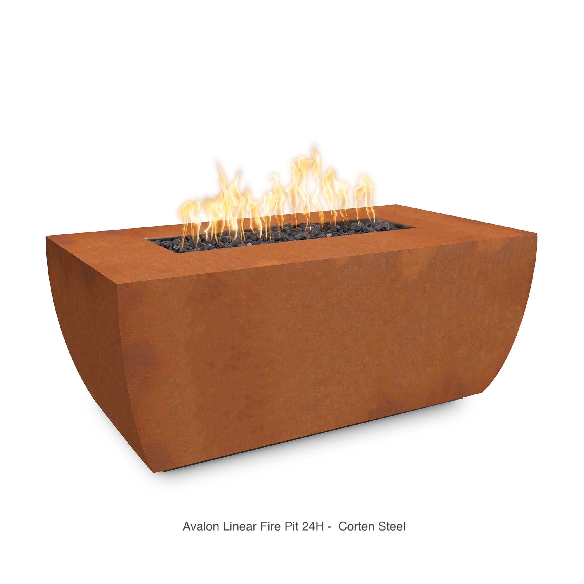 The Outdoor Plus Fire Features The Outdoor Plus 24" Tall 48", 60", 72", 84" Rectangular Avalon Corten Steel Fire Pit / OPT-AVLCSxx24, OPT-AVLCSxx24FSML, OPT-AVLCSxx24FSEN, OPT-AVLCSxx24E12V, OPT-AVLCSxx24EKIT